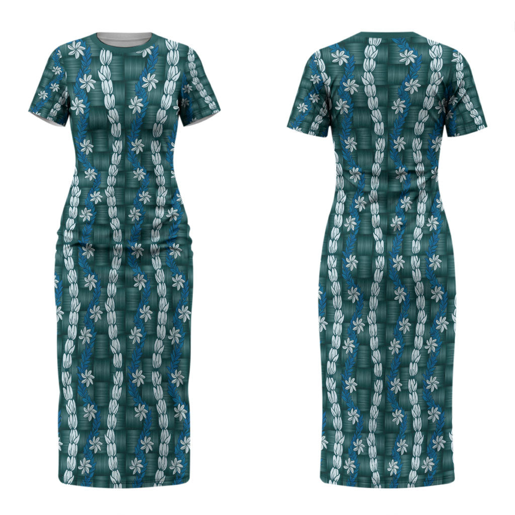 Pikake Maile Tiare Lei Couples Matching Short Sleeve Bodycon Dress and Long Sleeve Button Shirt Polu Lauhala Pattern LT01 - Polynesian Pride