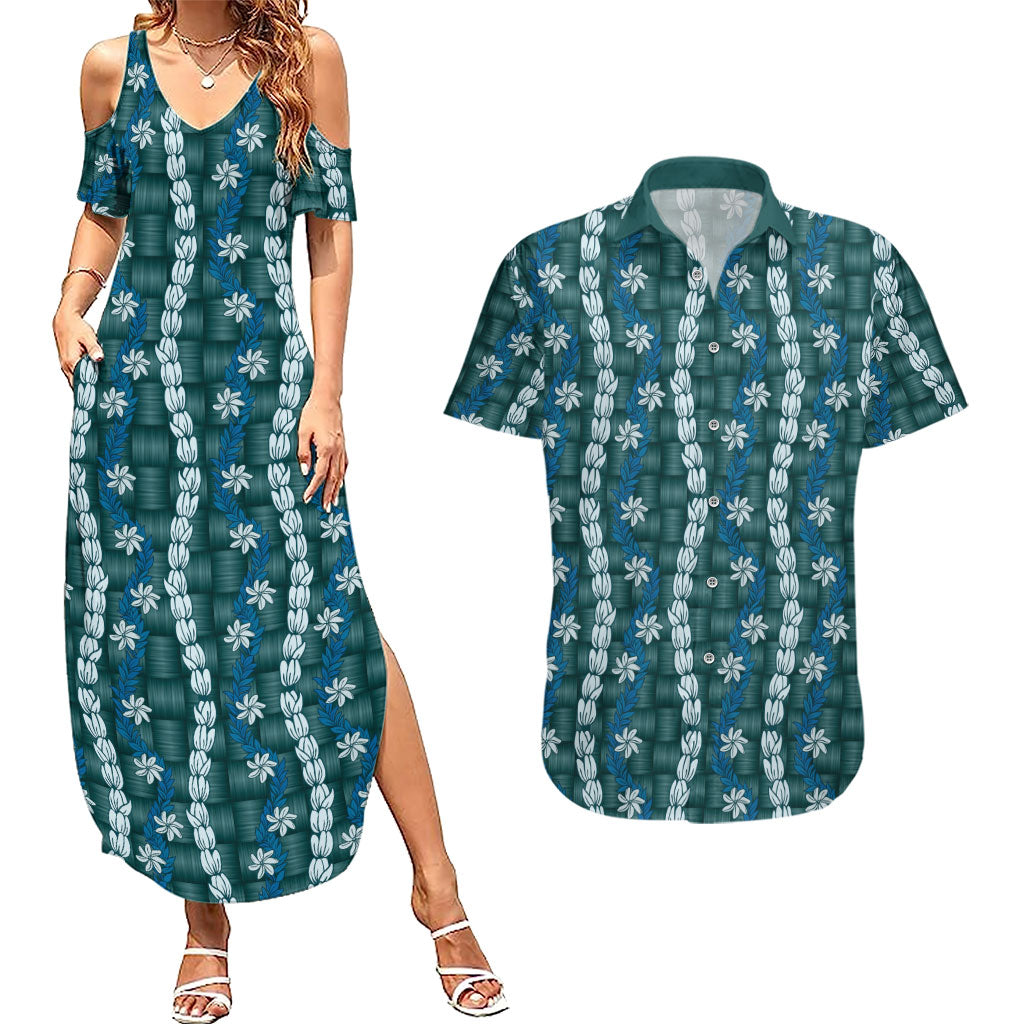 Pikake Maile Tiare Lei Couples Matching Summer Maxi Dress and Hawaiian Shirt Polu Lauhala Pattern LT01 Blue - Polynesian Pride