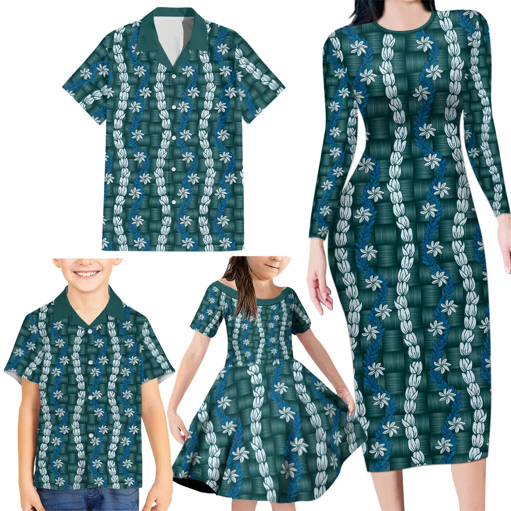 Pikake Maile Tiare Lei Family Matching Long Sleeve Bodycon Dress and Hawaiian Shirt Polu Lauhala Pattern LT01 - Polynesian Pride