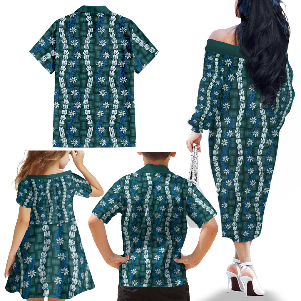 Pikake Maile Tiare Lei Family Matching Off The Shoulder Long Sleeve Dress and Hawaiian Shirt Polu Lauhala Pattern