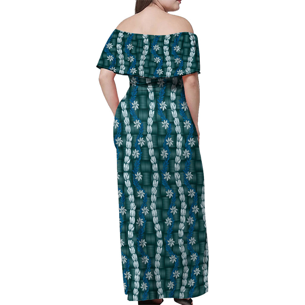 Pikake Maile Tiare Lei Family Matching Off Shoulder Maxi Dress and Hawaiian Shirt Polu Lauhala Pattern