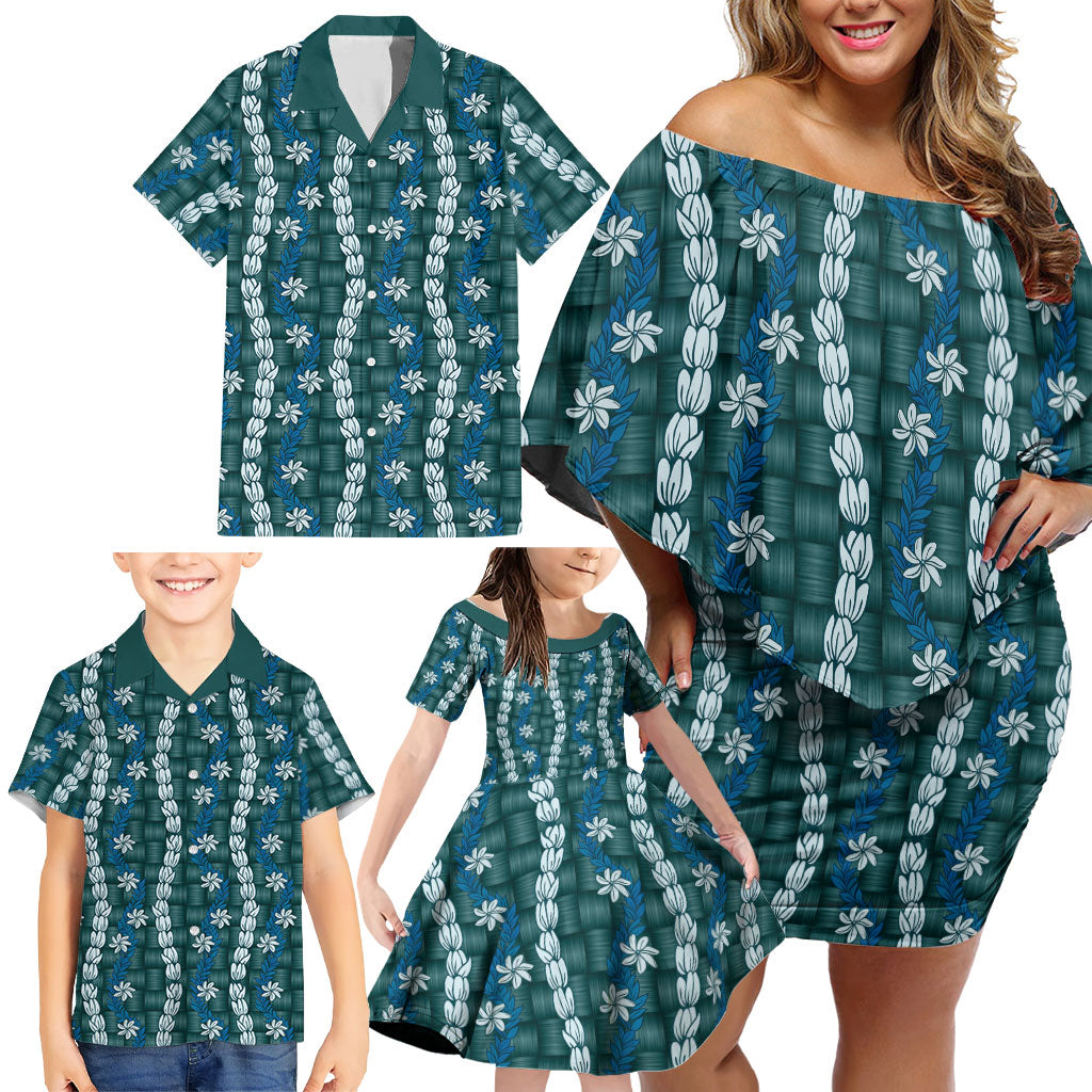 Pikake Maile Tiare Lei Family Matching Off Shoulder Short Dress and Hawaiian Shirt Polu Lauhala Pattern