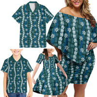 Pikake Maile Tiare Lei Family Matching Off Shoulder Short Dress and Hawaiian Shirt Polu Lauhala Pattern