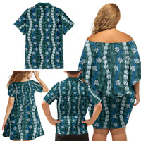 Pikake Maile Tiare Lei Family Matching Off Shoulder Short Dress and Hawaiian Shirt Polu Lauhala Pattern