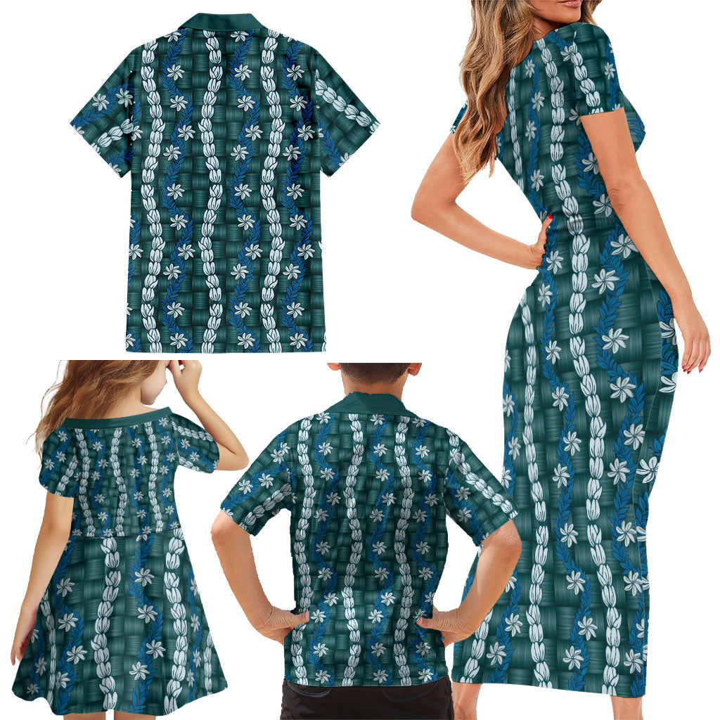 Pikake Maile Tiare Lei Family Matching Short Sleeve Bodycon Dress and Hawaiian Shirt Polu Lauhala Pattern