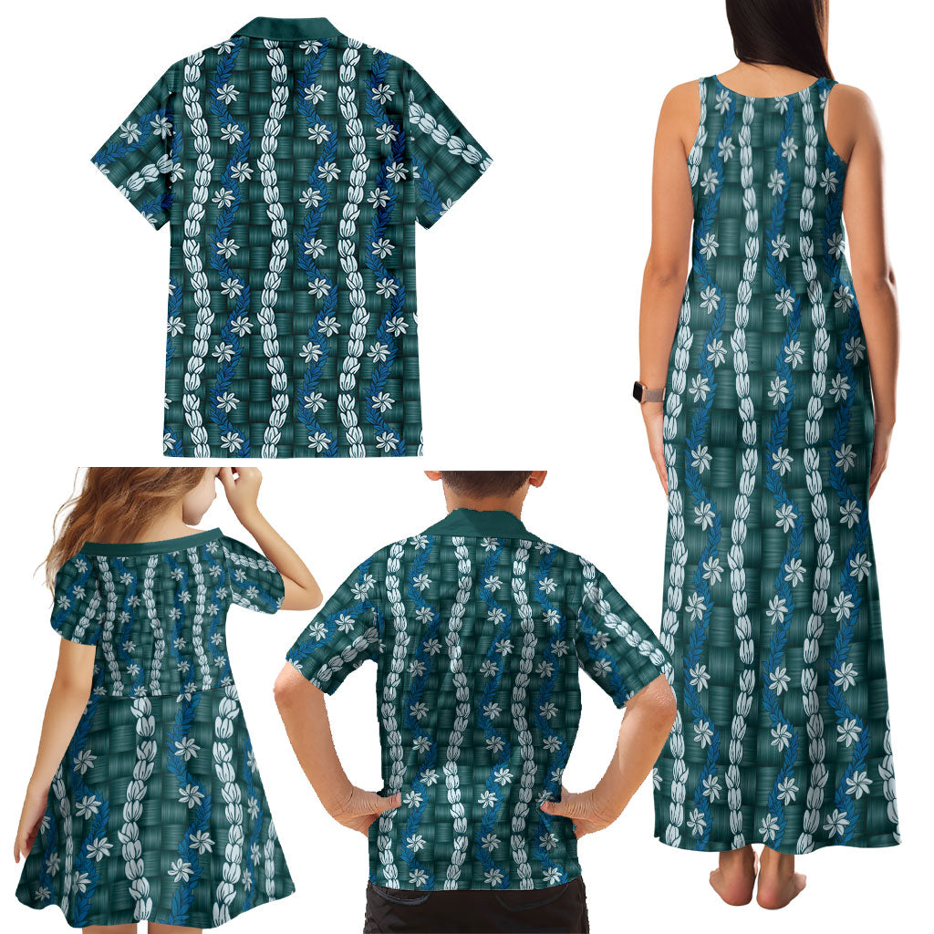 Pikake Maile Tiare Lei Family Matching Tank Maxi Dress and Hawaiian Shirt Polu Lauhala Pattern