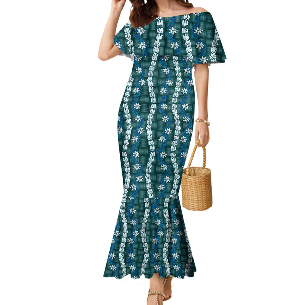 Pikake Maile Tiare Lei Mermaid Dress Polu Lauhala Pattern LT01 Women Blue - Polynesian Pride