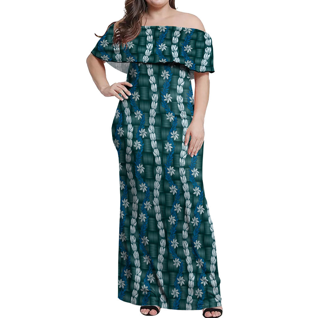 Pikake Maile Tiare Lei Off Shoulder Maxi Dress Polu Lauhala Pattern LT01 Women Blue - Polynesian Pride