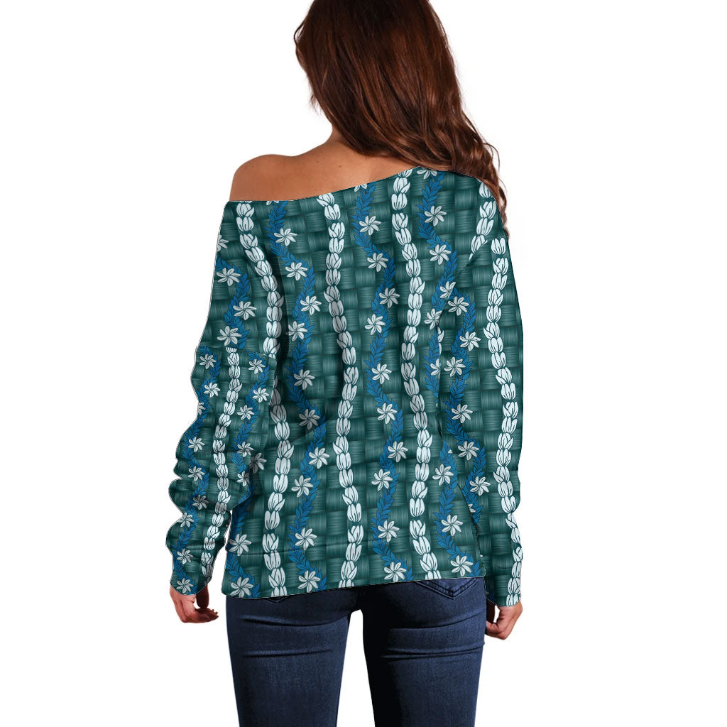 Pikake Maile Tiare Lei Off Shoulder Sweater Polu Lauhala Pattern