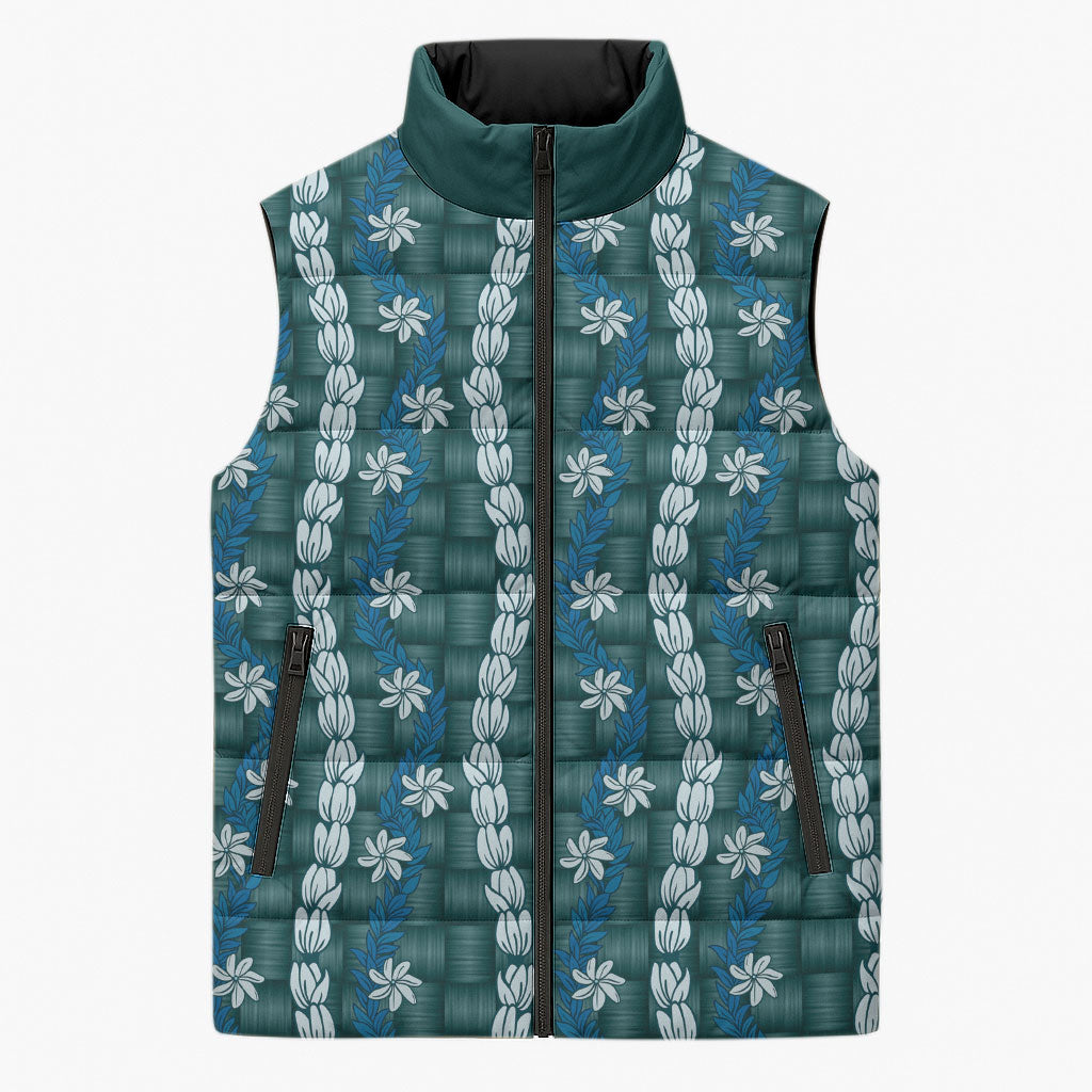 Pikake Maile Tiare Lei Sleeveless Puffer Jacket Polu Lauhala Pattern