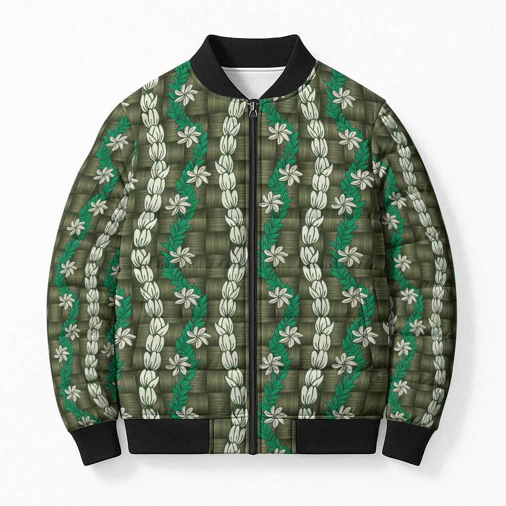 Pikake Maile Tiare Lei Bomber Puffer Jacket Omaomao Lauhala Pattern LT01 Unisex Green - Polynesian Pride