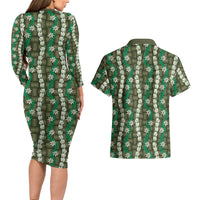 Pikake Maile Tiare Lei Couples Matching Long Sleeve Bodycon Dress and Hawaiian Shirt Omaomao Lauhala Pattern