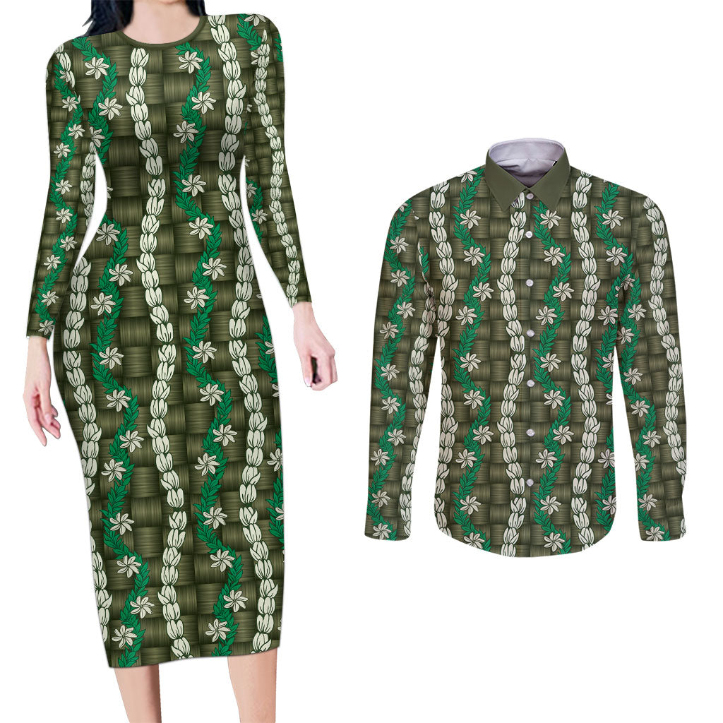 Pikake Maile Tiare Lei Couples Matching Long Sleeve Bodycon Dress and Long Sleeve Button Shirt Omaomao Lauhala Pattern