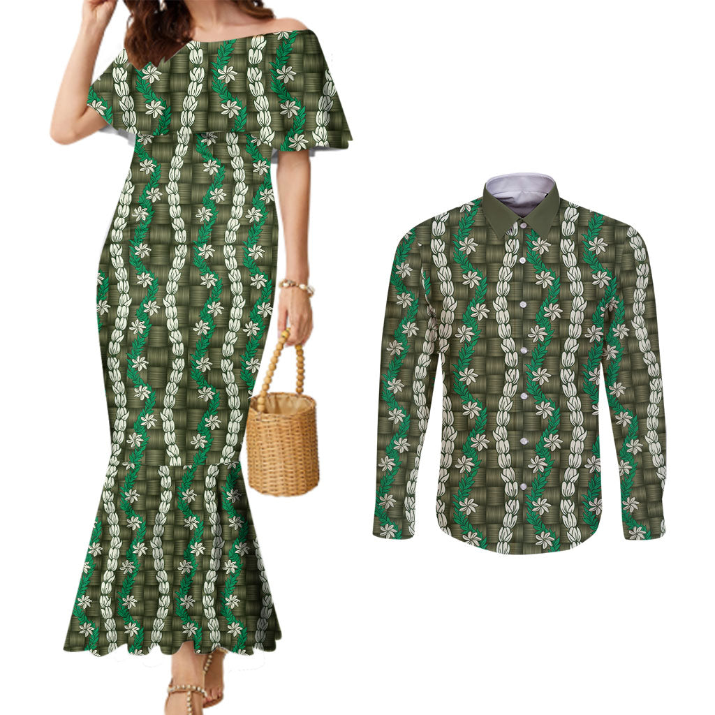Pikake Maile Tiare Lei Couples Matching Mermaid Dress and Long Sleeve Button Shirt Omaomao Lauhala Pattern