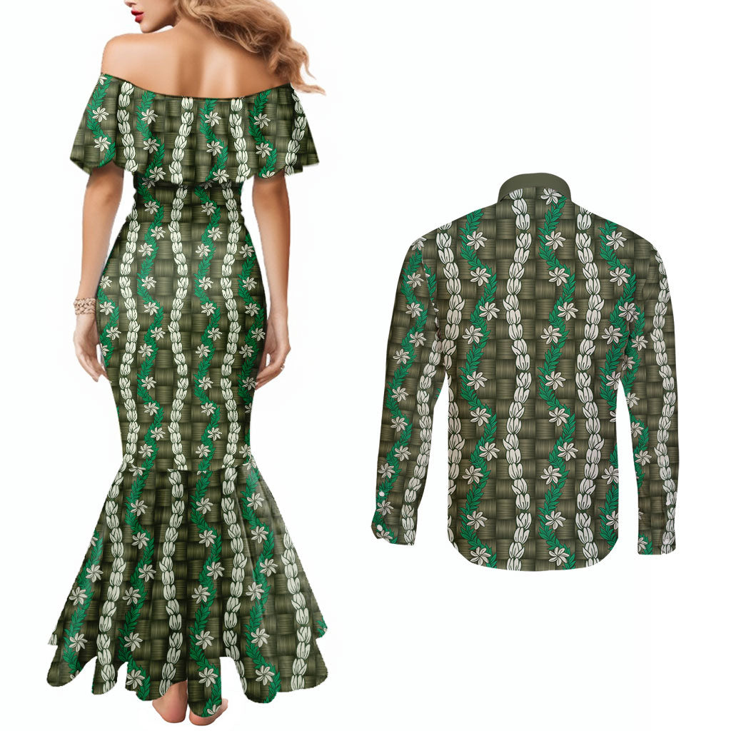 Pikake Maile Tiare Lei Couples Matching Mermaid Dress and Long Sleeve Button Shirt Omaomao Lauhala Pattern