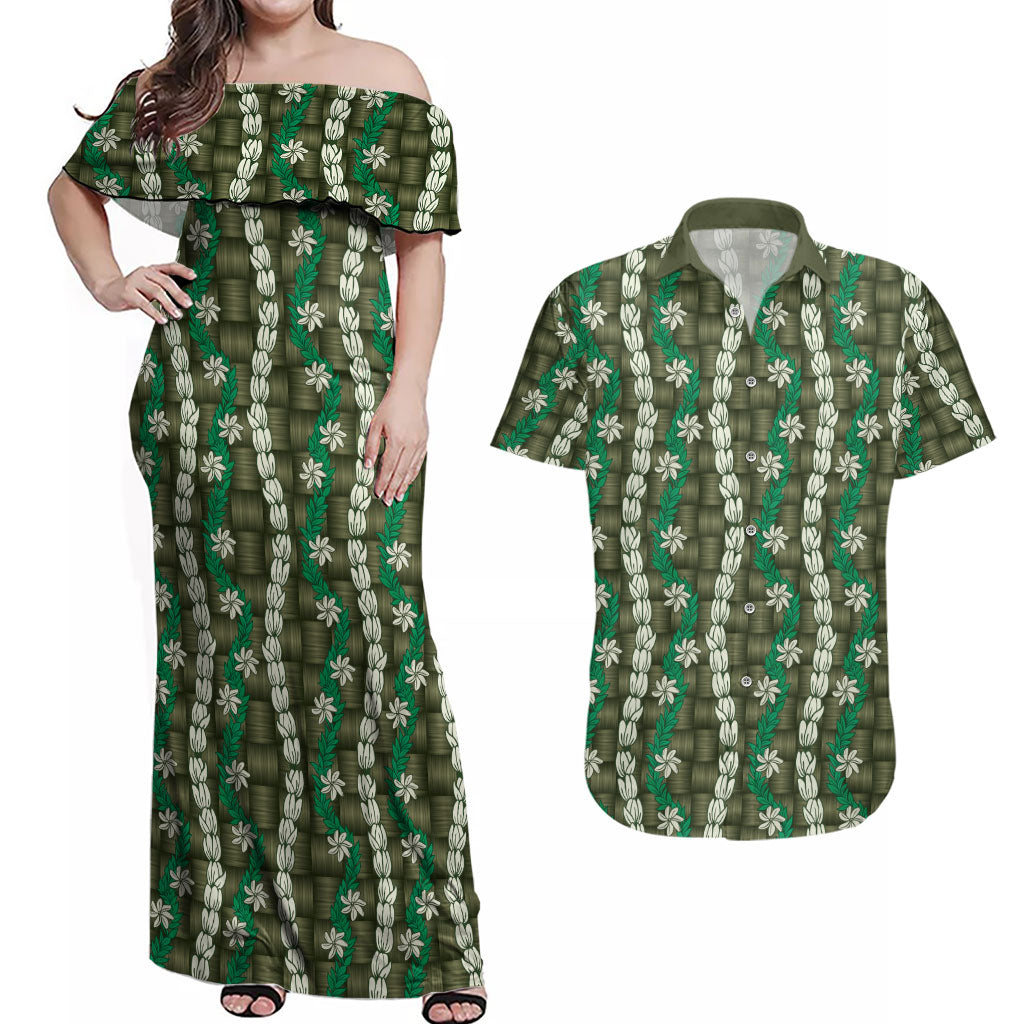 Pikake Maile Tiare Lei Couples Matching Off Shoulder Maxi Dress and Hawaiian Shirt Omaomao Lauhala Pattern