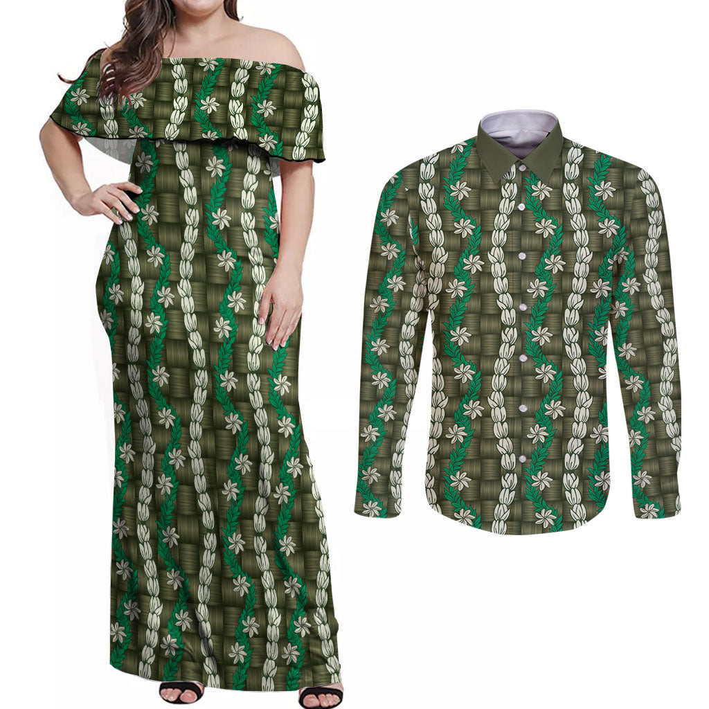 Pikake Maile Tiare Lei Couples Matching Off Shoulder Maxi Dress and Long Sleeve Button Shirt Omaomao Lauhala Pattern LT01 Green - Polynesian Pride