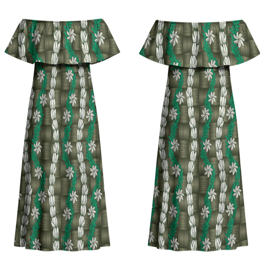 Pikake Maile Tiare Lei Couples Matching Off Shoulder Maxi Dress and Long Sleeve Button Shirt Omaomao Lauhala Pattern LT01 - Polynesian Pride