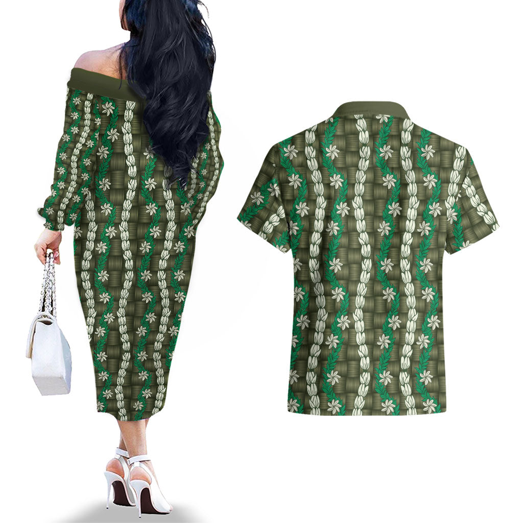 Pikake Maile Tiare Lei Couples Matching Off The Shoulder Long Sleeve Dress and Hawaiian Shirt Omaomao Lauhala Pattern