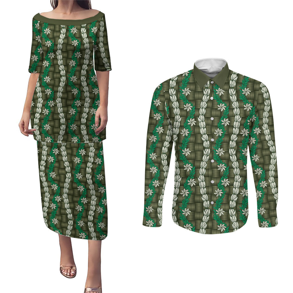 Pikake Maile Tiare Lei Couples Matching Puletasi and Long Sleeve Button Shirt Omaomao Lauhala Pattern LT01 Green - Polynesian Pride