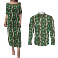 Pikake Maile Tiare Lei Couples Matching Puletasi and Long Sleeve Button Shirt Omaomao Lauhala Pattern