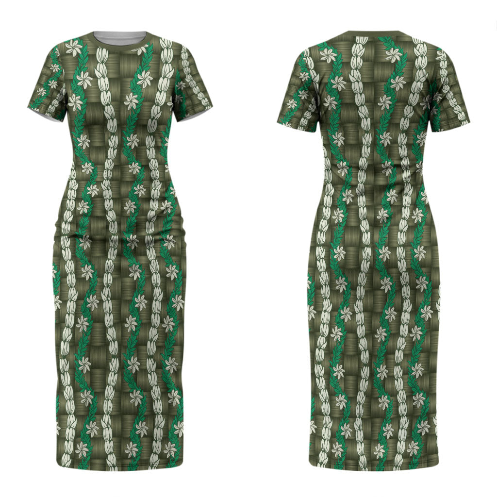 Pikake Maile Tiare Lei Couples Matching Short Sleeve Bodycon Dress and Hawaiian Shirt Omaomao Lauhala Pattern LT01 - Polynesian Pride