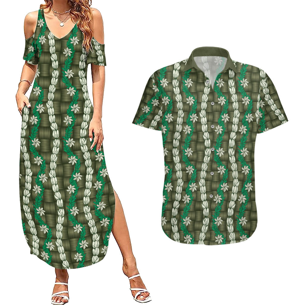 Pikake Maile Tiare Lei Couples Matching Summer Maxi Dress and Hawaiian Shirt Omaomao Lauhala Pattern LT01 Green - Polynesian Pride