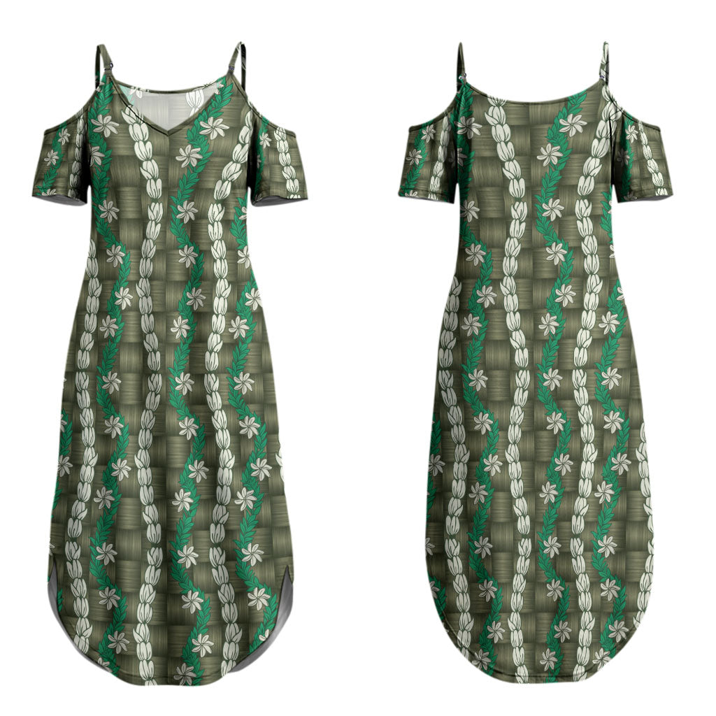 Pikake Maile Tiare Lei Couples Matching Summer Maxi Dress and Long Sleeve Button Shirt Omaomao Lauhala Pattern LT01 - Polynesian Pride