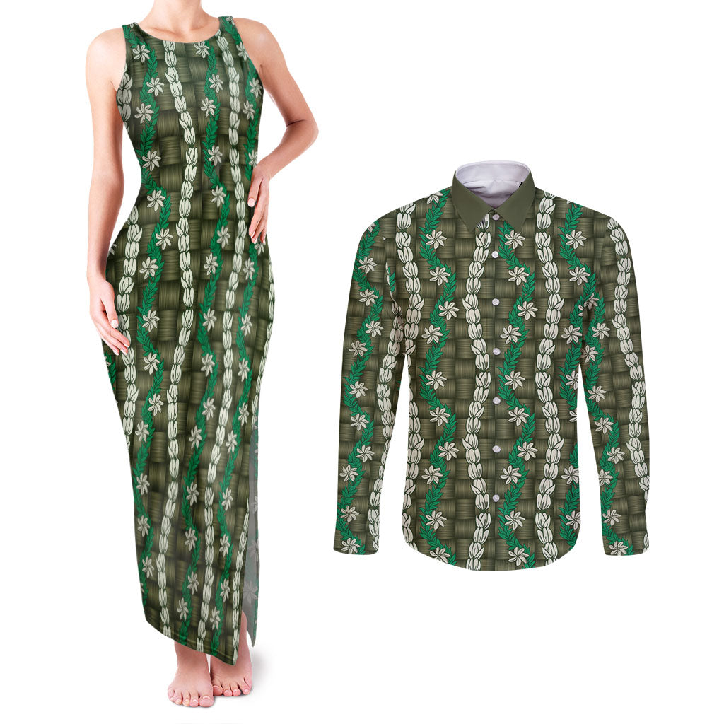 Pikake Maile Tiare Lei Couples Matching Tank Maxi Dress and Long Sleeve Button Shirt Omaomao Lauhala Pattern