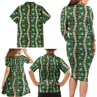 Pikake Maile Tiare Lei Family Matching Long Sleeve Bodycon Dress and Hawaiian Shirt Omaomao Lauhala Pattern