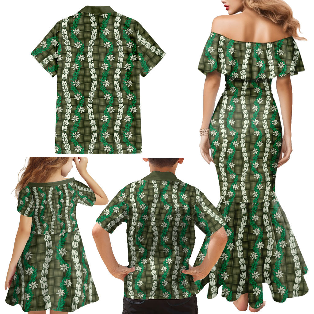 Pikake Maile Tiare Lei Family Matching Mermaid Dress and Hawaiian Shirt Omaomao Lauhala Pattern