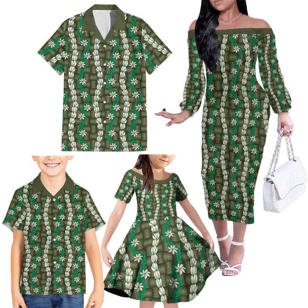 Pikake Maile Tiare Lei Family Matching Off The Shoulder Long Sleeve Dress and Hawaiian Shirt Omaomao Lauhala Pattern