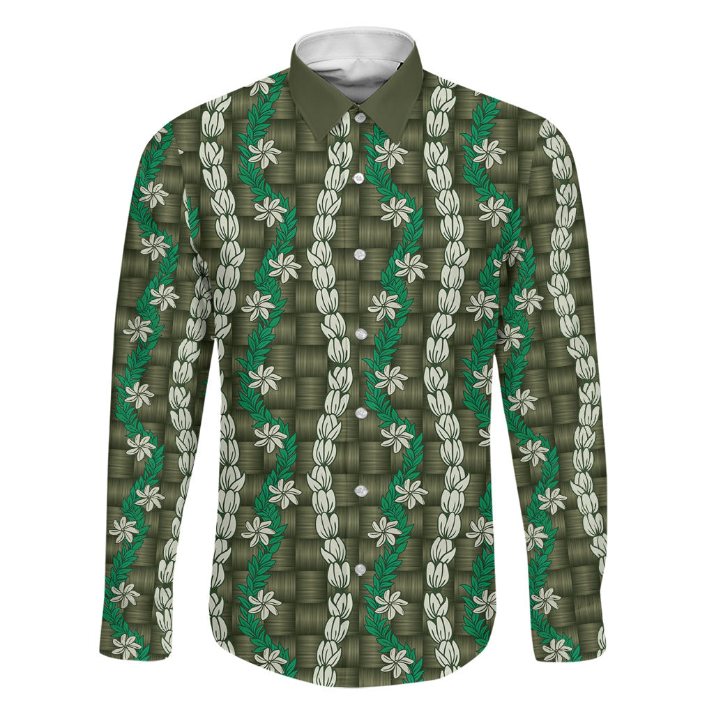 Pikake Maile Tiare Lei Family Matching Off The Shoulder Long Sleeve Dress and Hawaiian Shirt Omaomao Lauhala Pattern