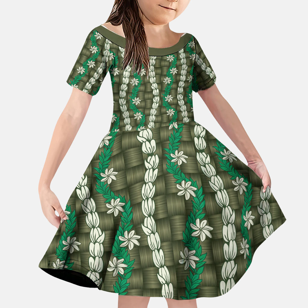 Pikake Maile Tiare Lei Family Matching Off Shoulder Maxi Dress and Hawaiian Shirt Omaomao Lauhala Pattern