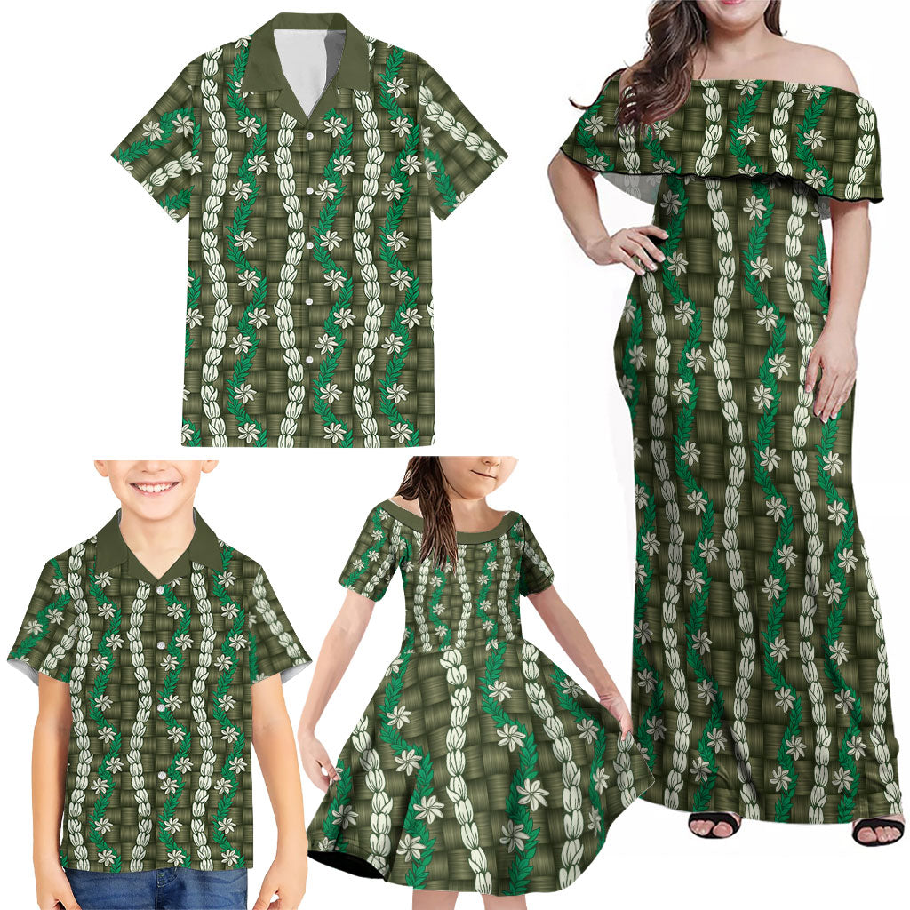 Pikake Maile Tiare Lei Family Matching Off Shoulder Maxi Dress and Hawaiian Shirt Omaomao Lauhala Pattern LT01 - Polynesian Pride