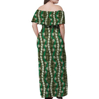 Pikake Maile Tiare Lei Family Matching Off Shoulder Maxi Dress and Hawaiian Shirt Omaomao Lauhala Pattern