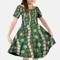 Pikake Maile Tiare Lei Family Matching Off Shoulder Short Dress and Hawaiian Shirt Omaomao Lauhala Pattern