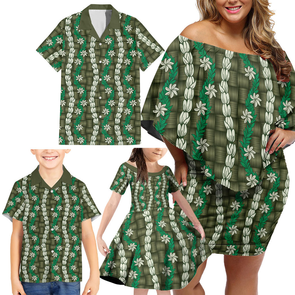 Pikake Maile Tiare Lei Family Matching Off Shoulder Short Dress and Hawaiian Shirt Omaomao Lauhala Pattern LT01 - Polynesian Pride