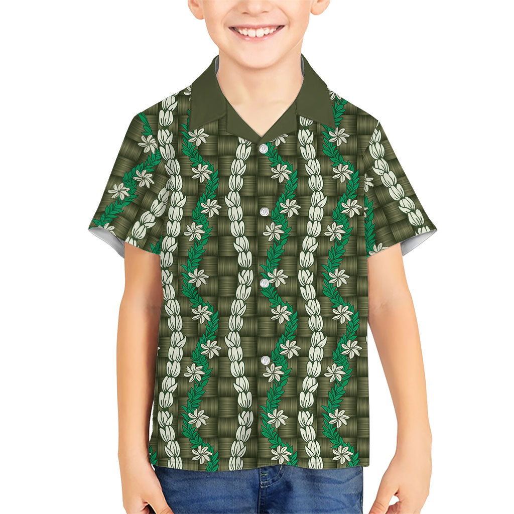 Pikake Maile Tiare Lei Family Matching Off Shoulder Short Dress and Hawaiian Shirt Omaomao Lauhala Pattern
