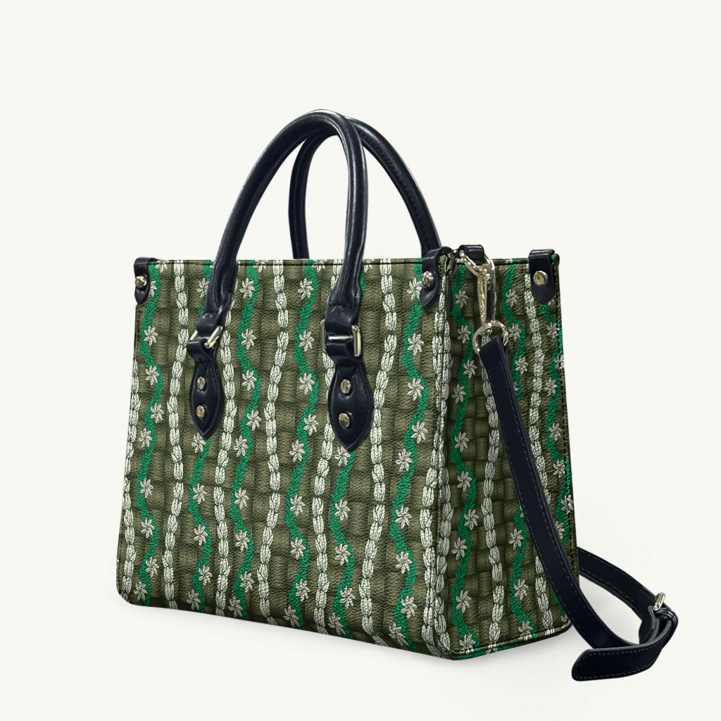 Pikake Maile Tiare Lei Leather Bag Omaomao Lauhala Pattern LT01 Green - Polynesian Pride