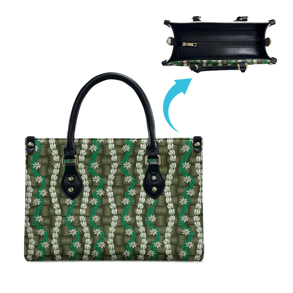 Pikake Maile Tiare Lei Leather Bag Omaomao Lauhala Pattern