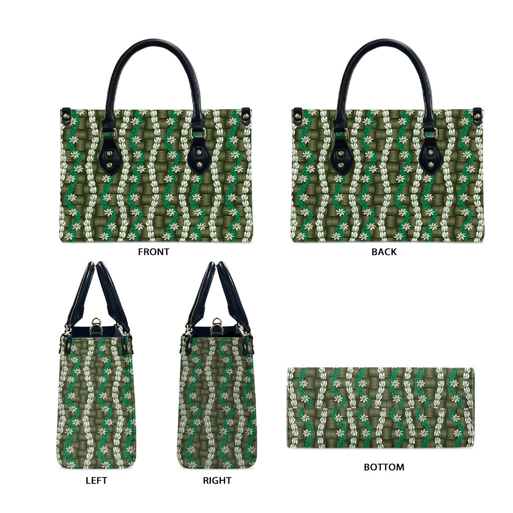 Pikake Maile Tiare Lei Leather Bag Omaomao Lauhala Pattern