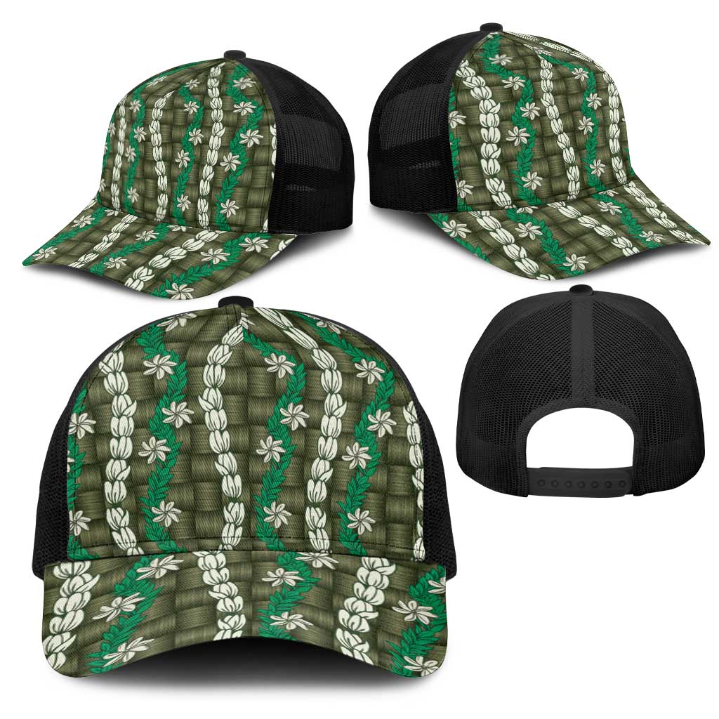 Pikake Maile Tiare Lei Mesh Trucker Cap Omaomao Lauhala Pattern
