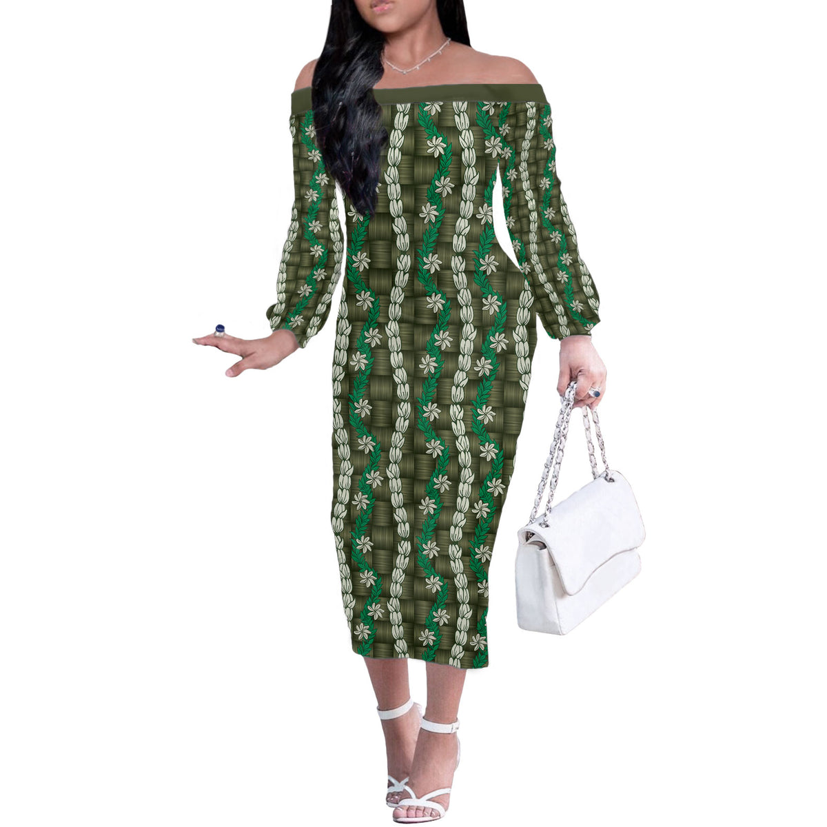 Pikake Maile Tiare Lei Off The Shoulder Long Sleeve Dress Omaomao Lauhala Pattern