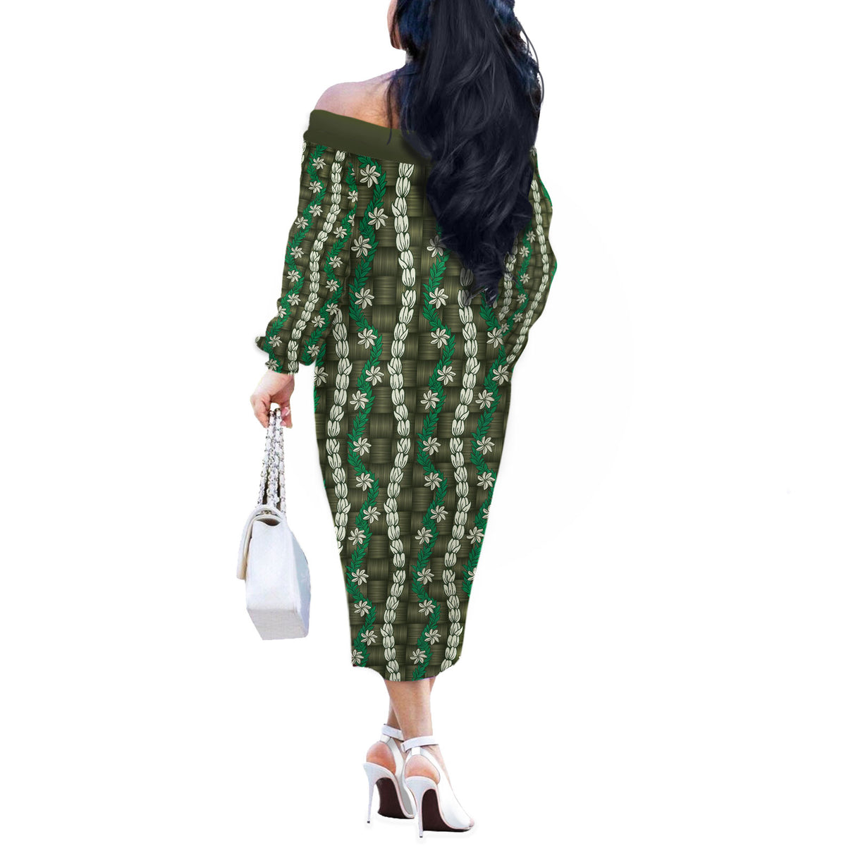 Pikake Maile Tiare Lei Off The Shoulder Long Sleeve Dress Omaomao Lauhala Pattern