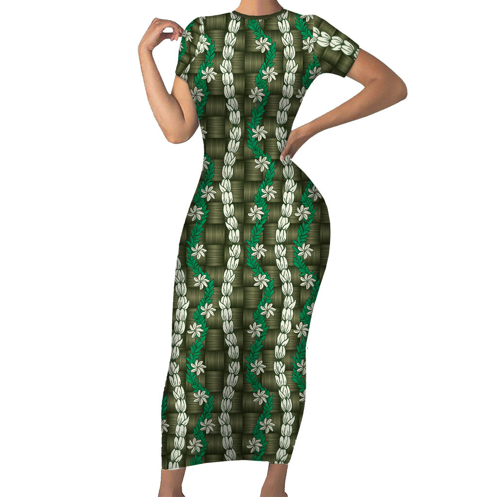 Pikake Maile Tiare Lei Short Sleeve Bodycon Dress Omaomao Lauhala Pattern
