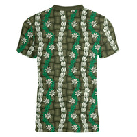 Pikake Maile Tiare Lei Women V-Neck T-Shirt Omaomao Lauhala Pattern