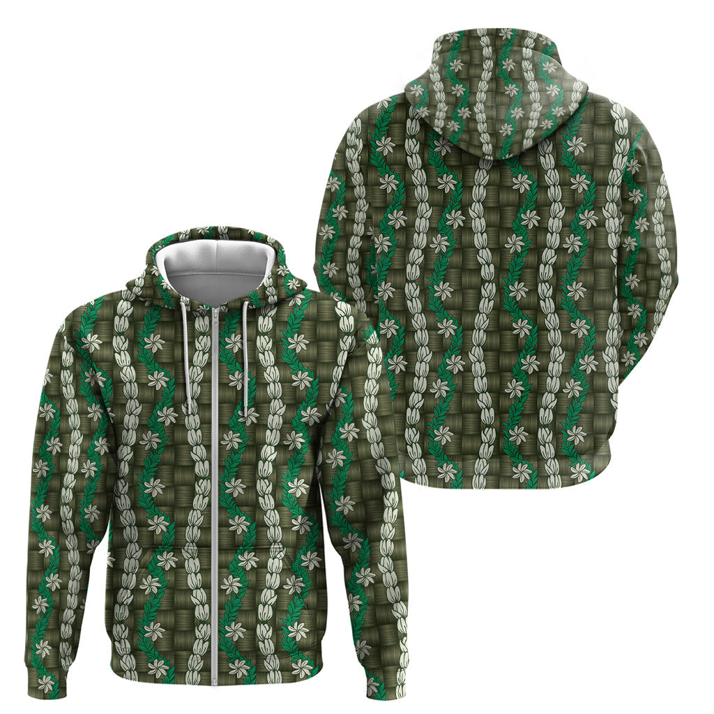 Pikake Maile Tiare Lei Zip Hoodie Omaomao Lauhala Pattern