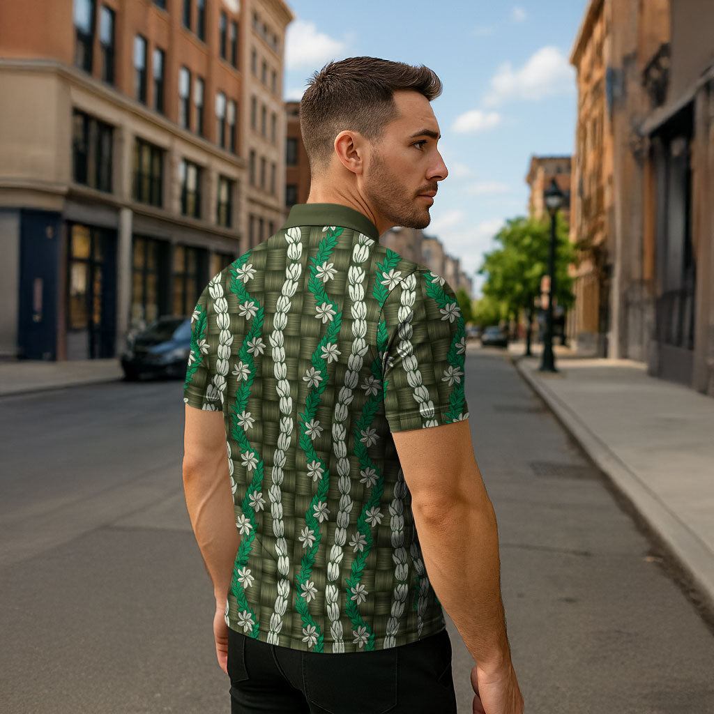 Pikake Maile Tiare Lei Zipper Polo Shirt Omaomao Lauhala Pattern