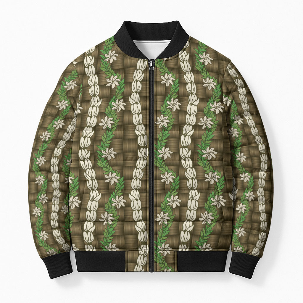 Pikake Maile Tiare Lei Bomber Puffer Jacket Natural Lauhala Pattern LT01 Unisex Brown - Polynesian Pride